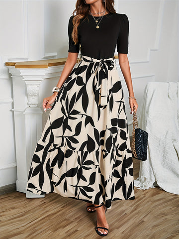 Floral Print Crew Neck Dress, Elegant Short Sleeve Dress