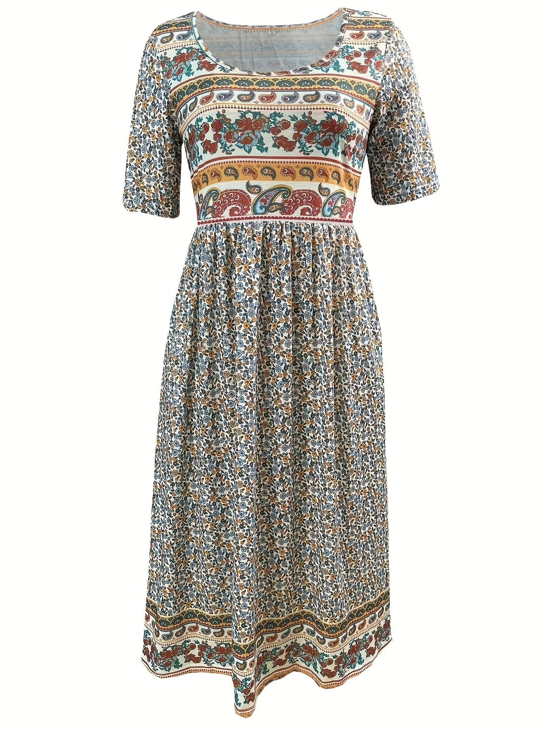 Floral Print Crew Neck Dress, Casual Short Sleeve Dress