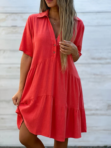 Linen Women's Summer Dress - Loose Fit, Short Sleeve, Lapel Collar, Button Front