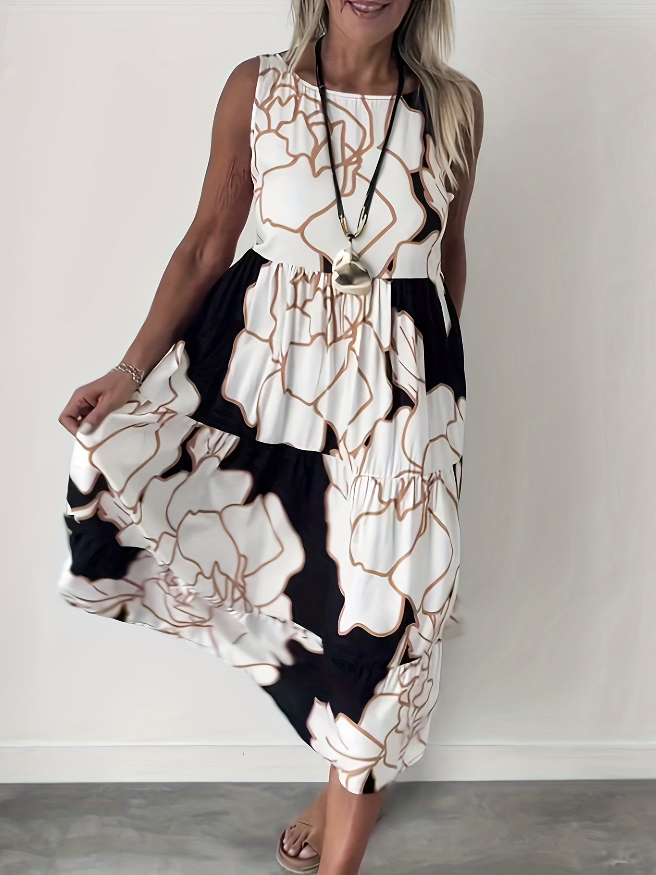 Crew Neck Sleeveless Print Summer Backless Floral Tie Waist Detail Dress