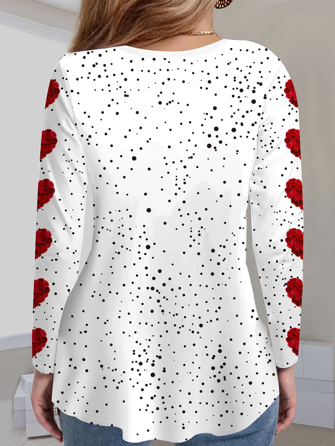 Elegant Heart Pattern V-Neck Long Sleeve T-Shirt