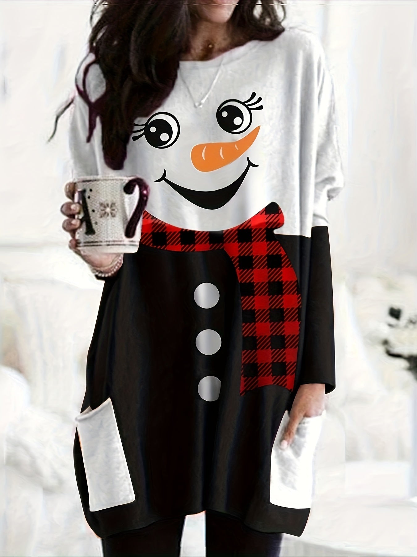 Christmas Cute Dress, Women's Snowman Print Long Sleeve Round Neck Tee Dress With Pockets
