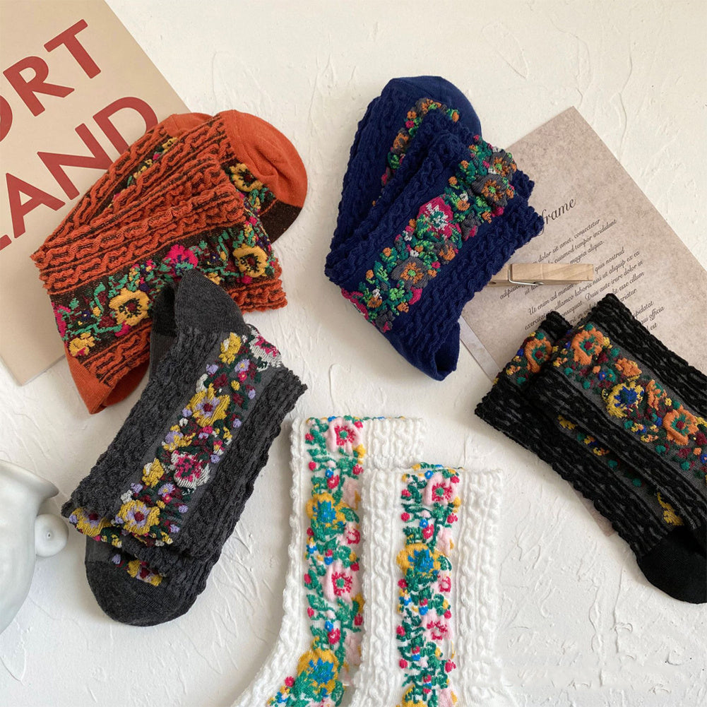 5 Pairs Women's Ethnic Embroidered Mid Socks