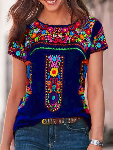 Floral Print Ethnic T-shirt, Boho Crew Neck Short Sleeve Summer T-shirt