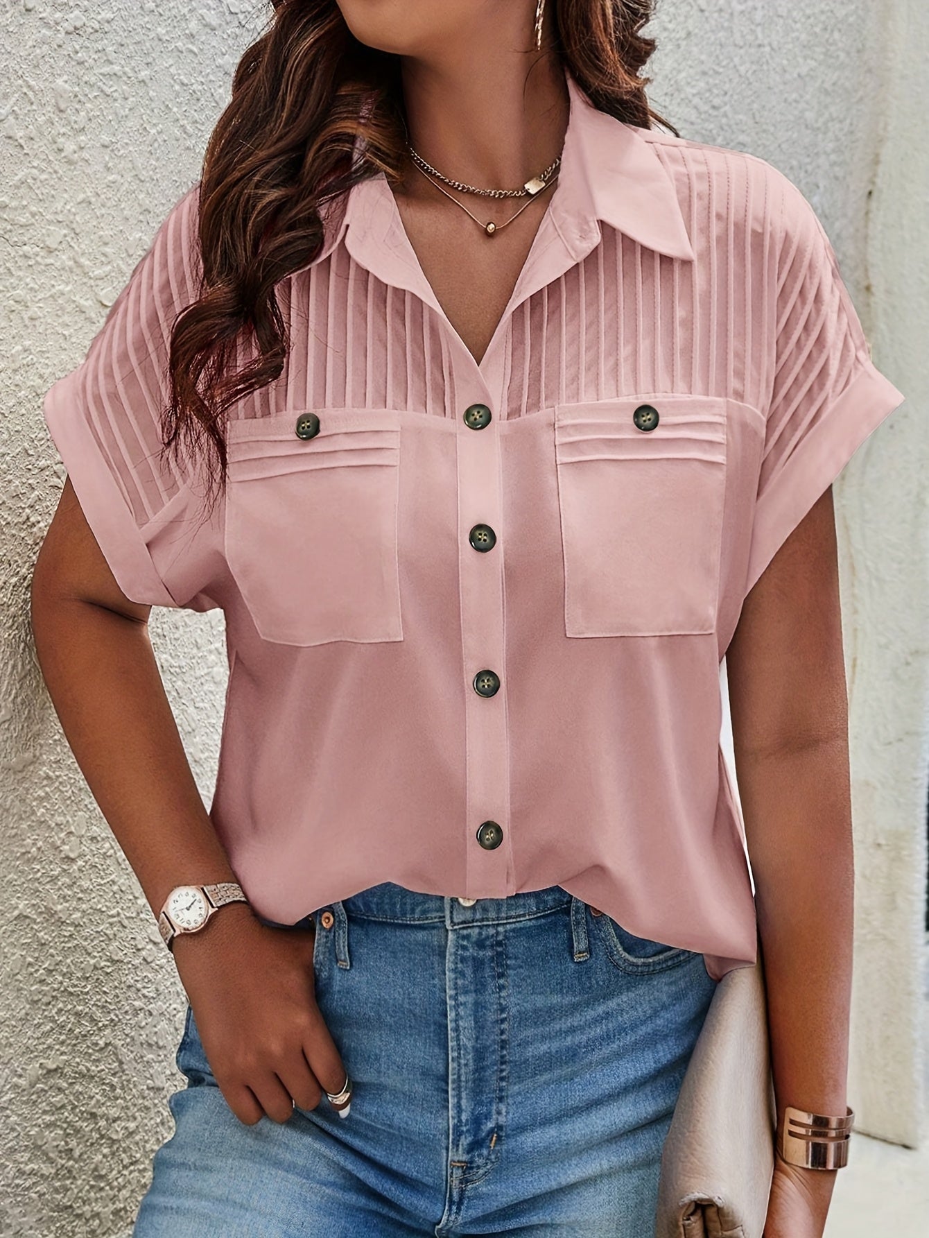 Elegant Solid Color Pleated Batwing Short Sleeve Casual Shirt