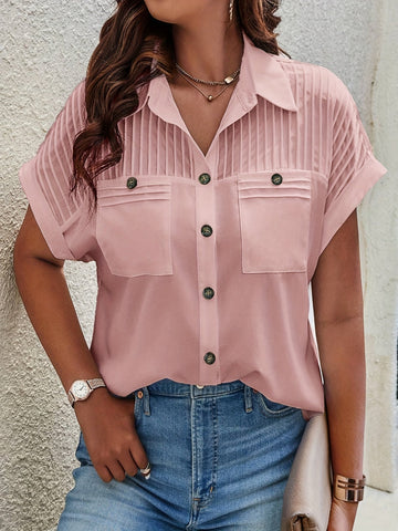 Elegant Solid Color Pleated Batwing Short Sleeve Casual Shirt