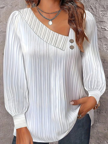 Casual Blouse, Women's Solid Textured Button Decor Long Sleeve Irregular Neck Shirt Top