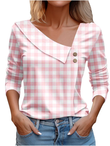 Chic Plaid Print Elegant Long Sleeve V-Neck T-Shirt