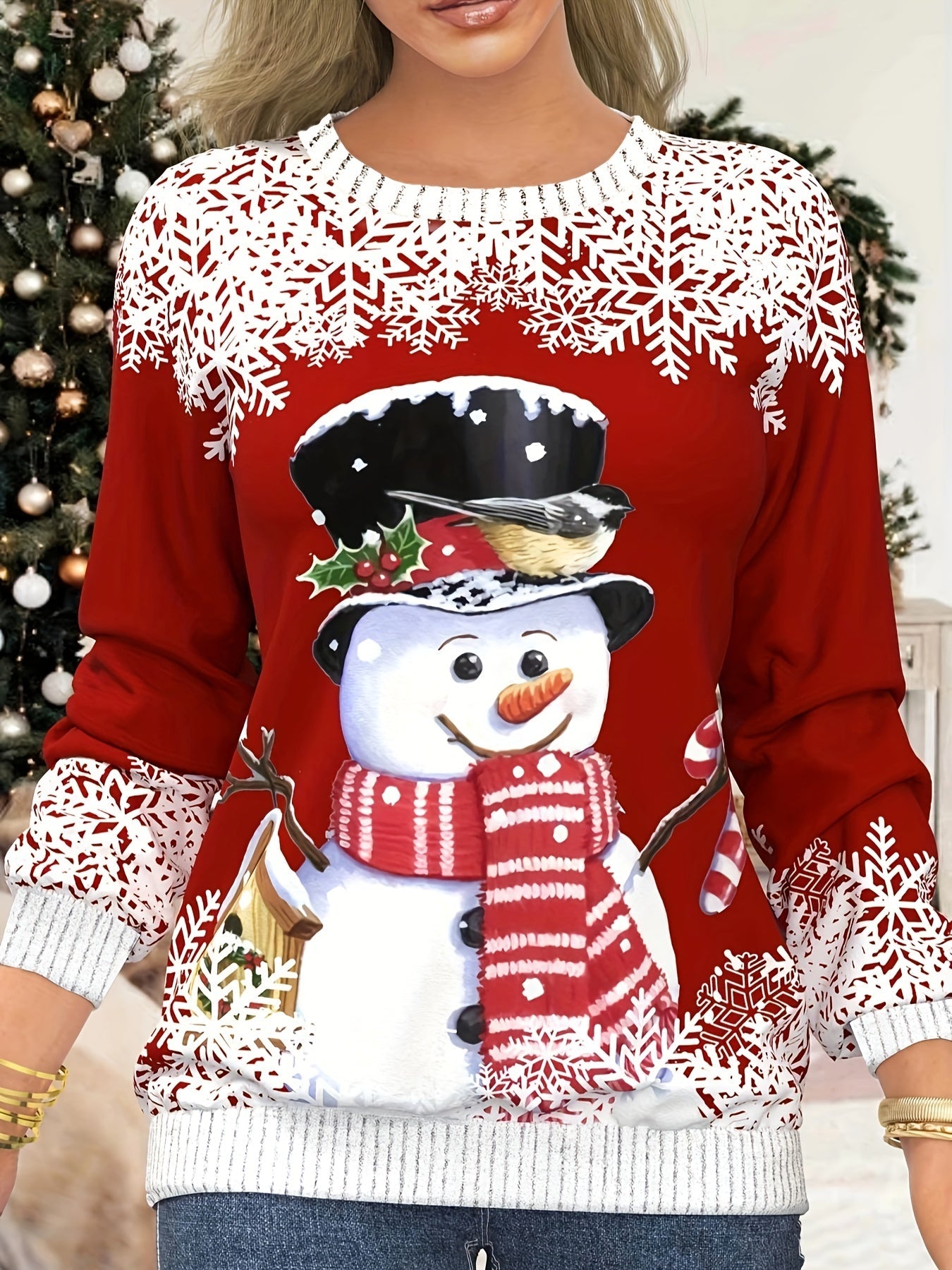Snowman & Snowflake Print Sweatshirt, Casual Long Sleeve Crew Neck Sweatshirt