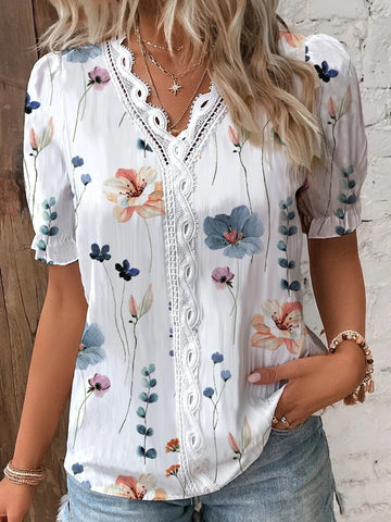 Floral Print Lace Trim Blouse, Vacation Striped V Neck Short Sleeve Blouse