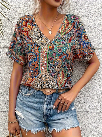Paisley Print V Neck Blouse, Casual Short Sleeve Blouse