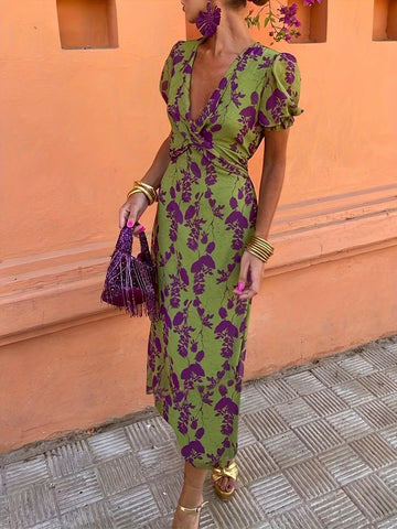 Contrast Color Printed Puff Sleeve Long Dress