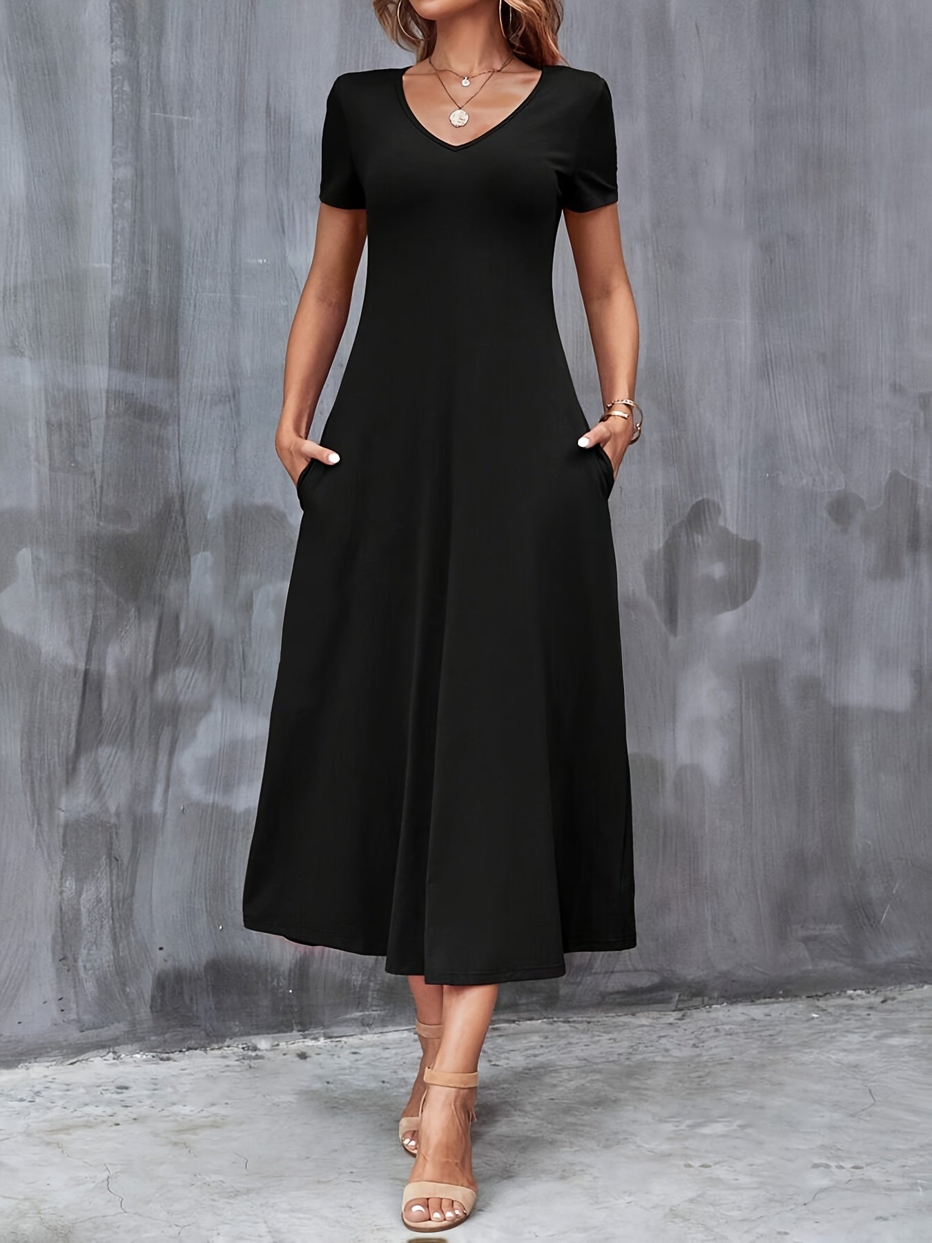 V-Neck A-Line Dress with Pockets - Elegant, Comfortable, Casual Polyester Blend