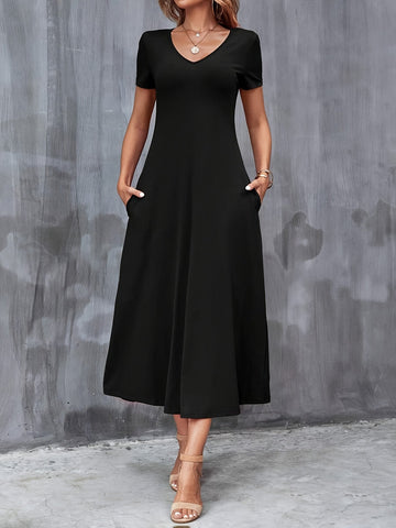 V-Neck A-Line Dress with Pockets - Elegant, Comfortable, Casual Polyester Blend