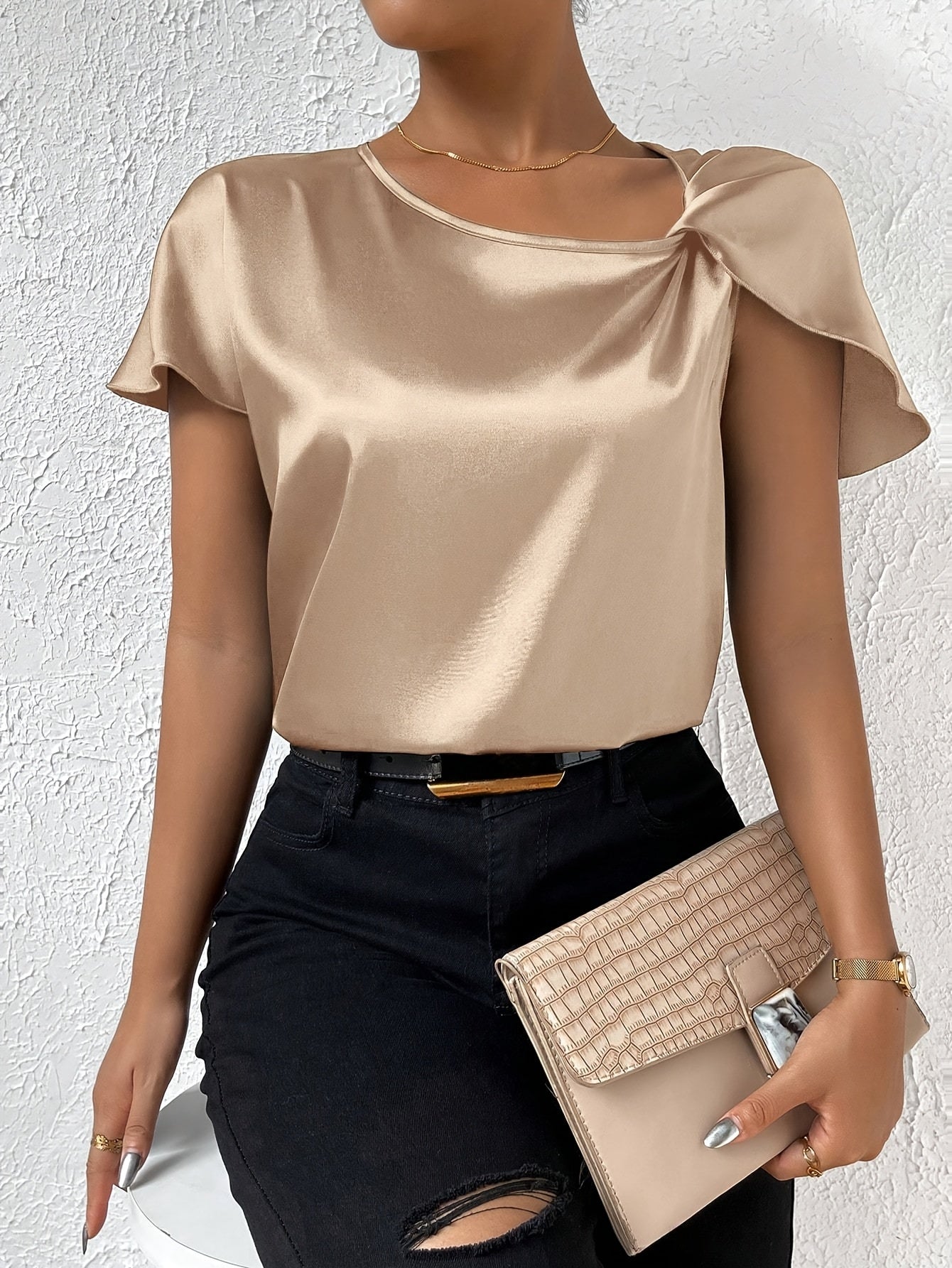 Solid Color Asymmetric Neck Twist Shoulder Shirt