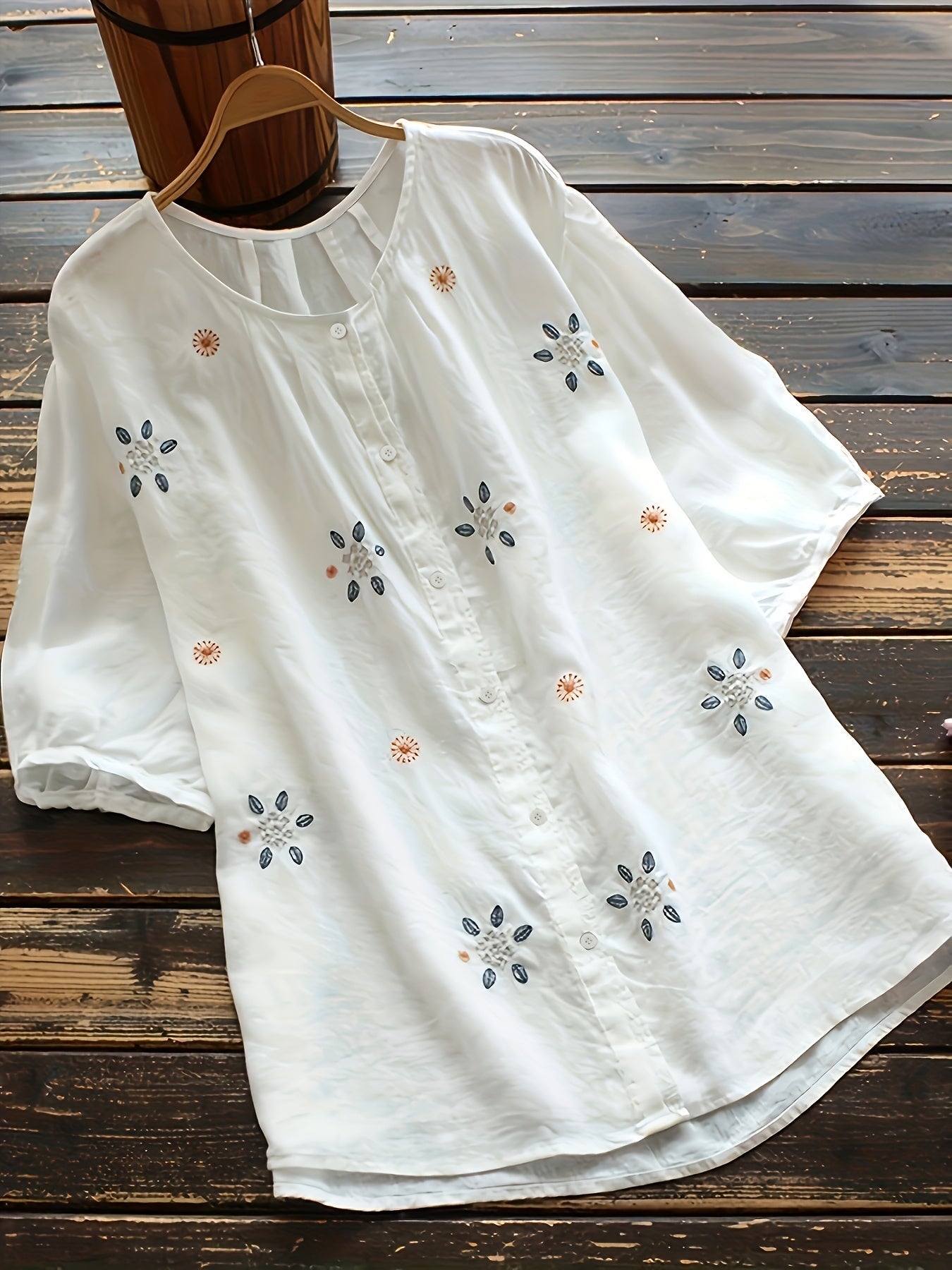 Floral Embroidered Button Front Blouse, Casual Short Sleeve Blouse
