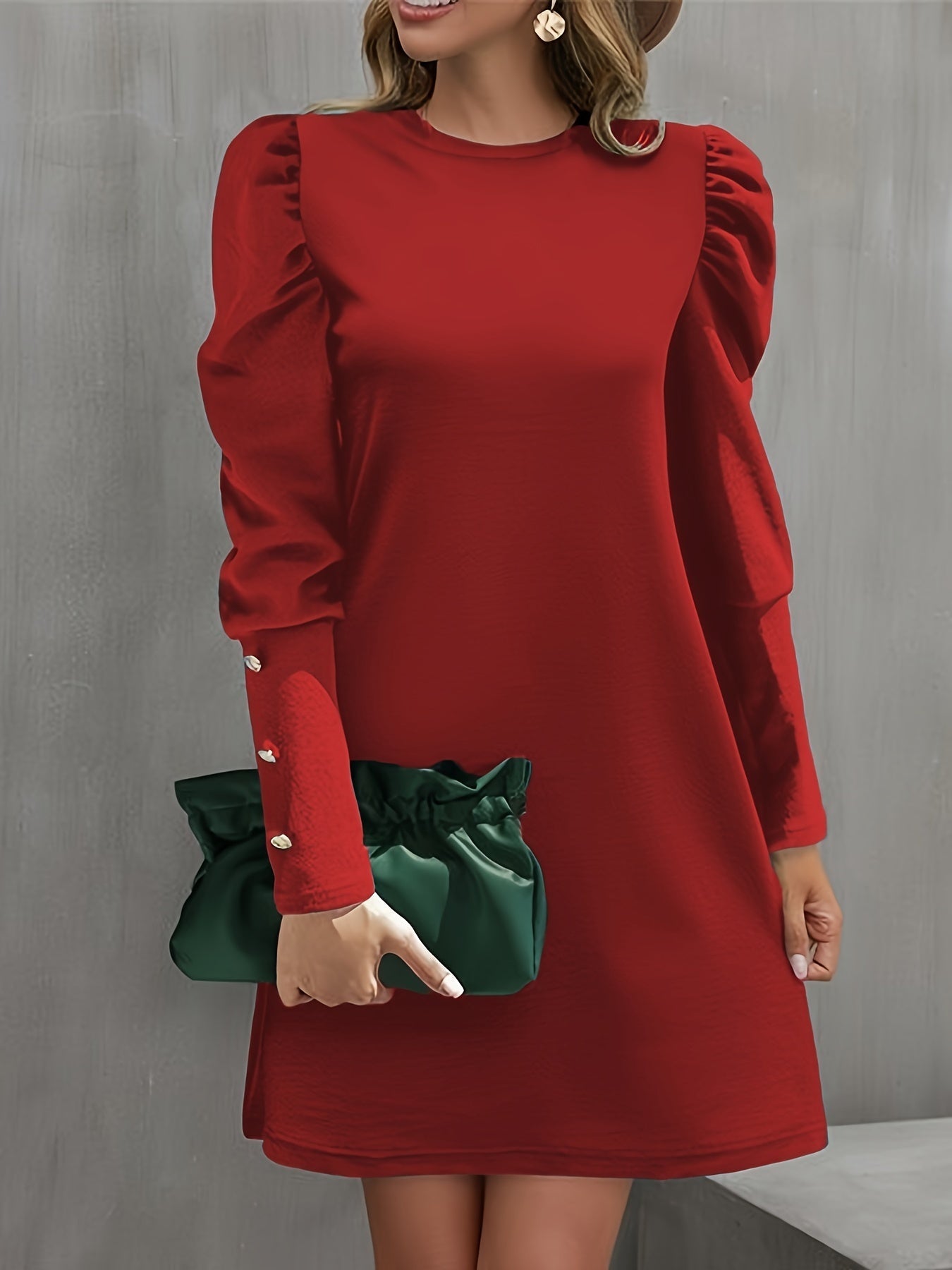 Solid Crew Neck Dress, Elegant Puff Sleeve Button Decor Dress