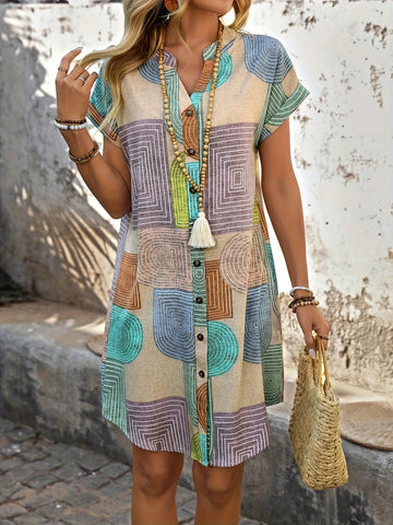 Geometric Print V-Neck Elegant Fitted Casual Elegant Attire Dress