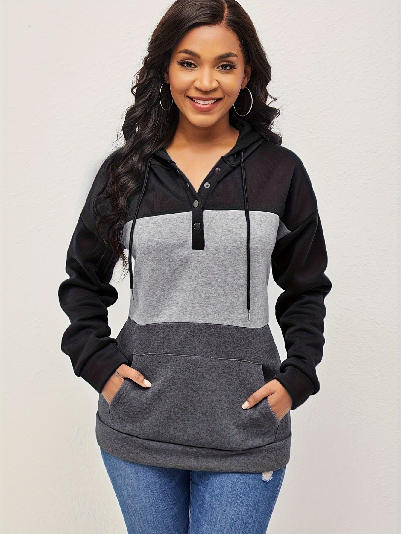 Color Block Button Drawstring Hoodie, Casual Long Sleeve Kangaroo Pocket Sweatshirt