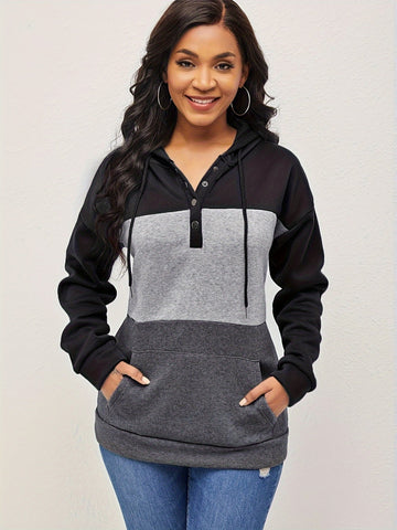 Color Block Button Drawstring Hoodie, Casual Long Sleeve Kangaroo Pocket Sweatshirt
