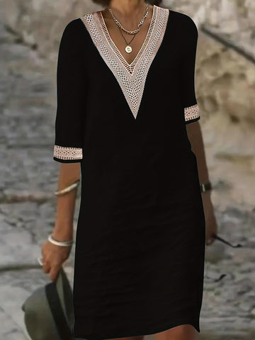Guipure Lace V Neck Dress, Casual Short Sleeve Dress