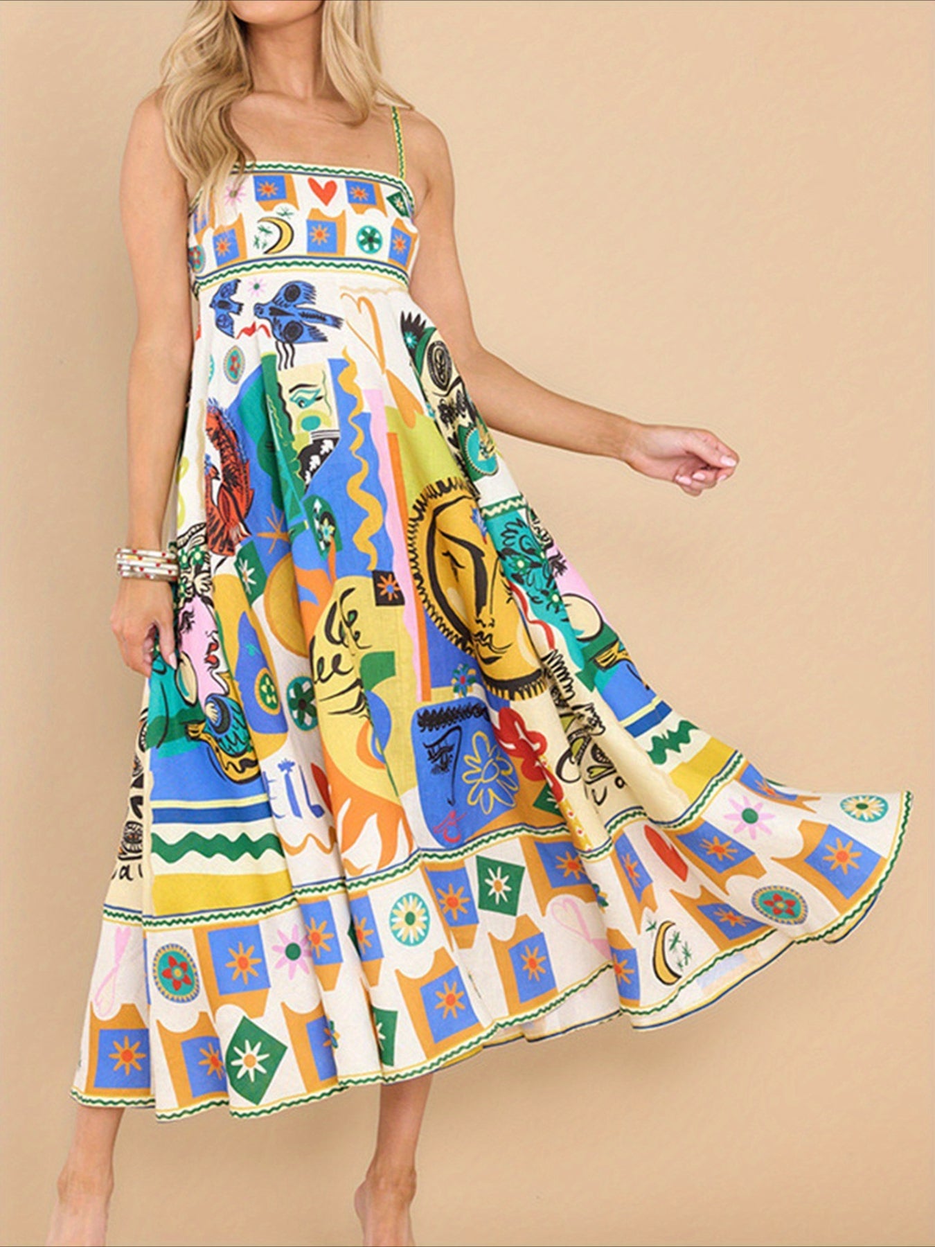 Spaghetti Strap Sleeveless Print Flowy A-Line Long Dress