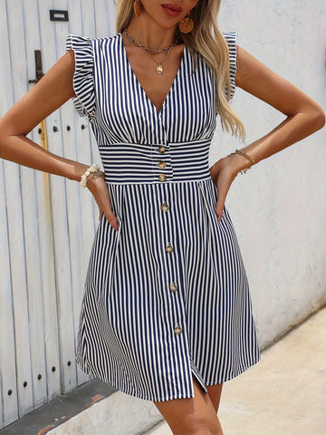 Striped V Neck A-line Dress, Casual Flutter Sleeve Dress