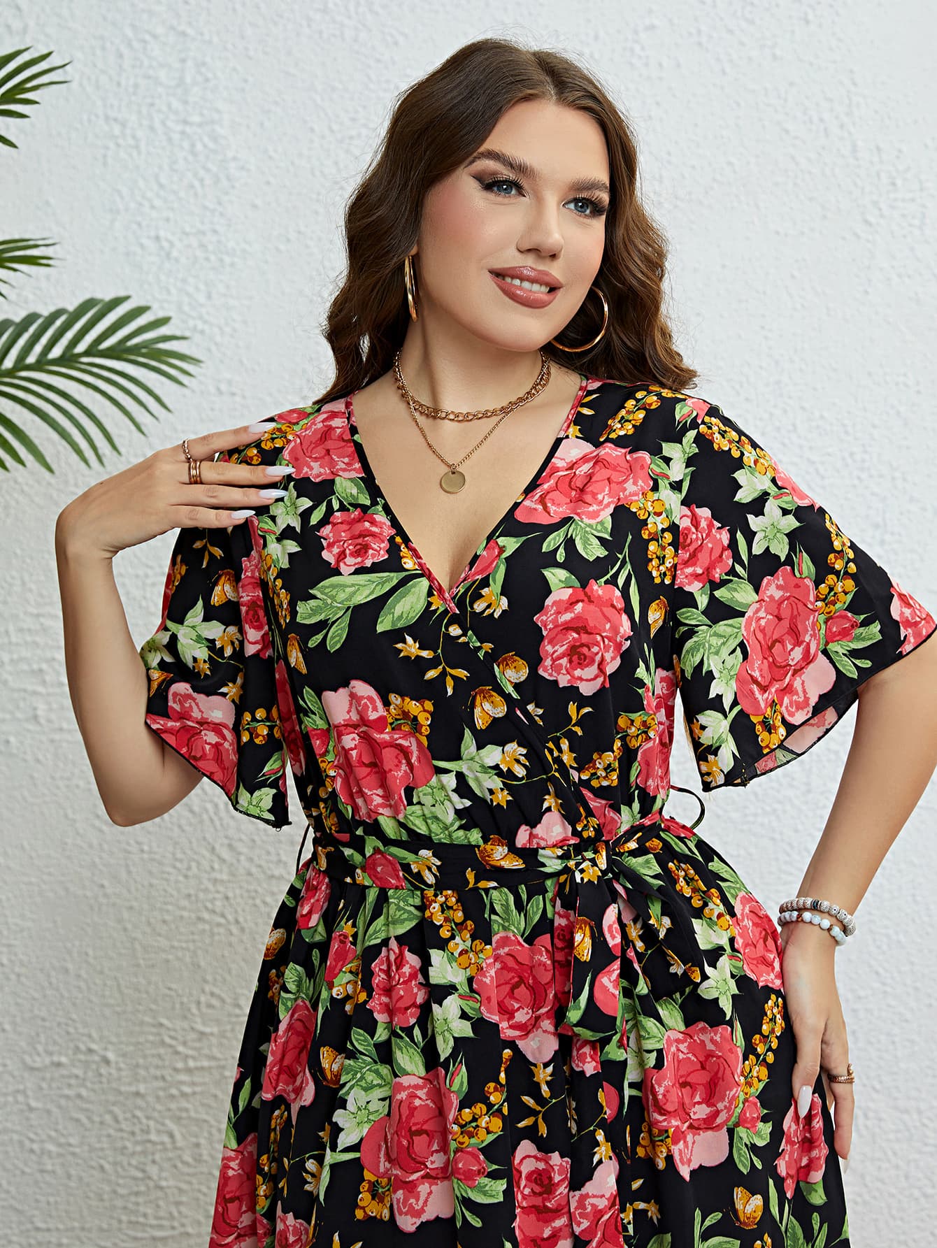 Plus Size Floral Tie Belt Surplice Dress