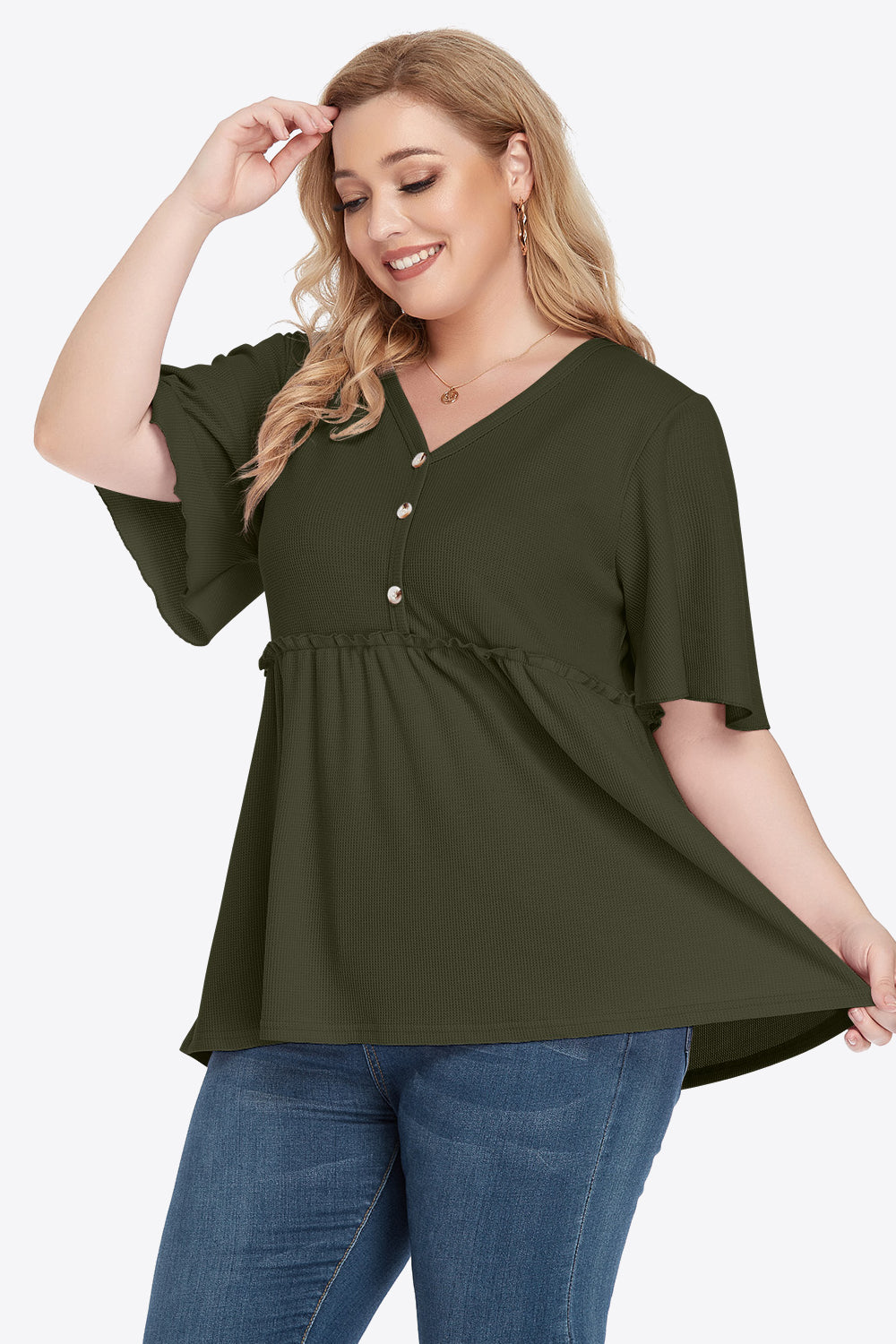 Plus Size Buttoned V-Neck Frill Trim Babydoll Blouse