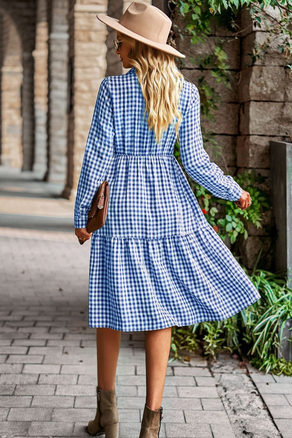 Collared Neck Long Sleeve Midi Dress