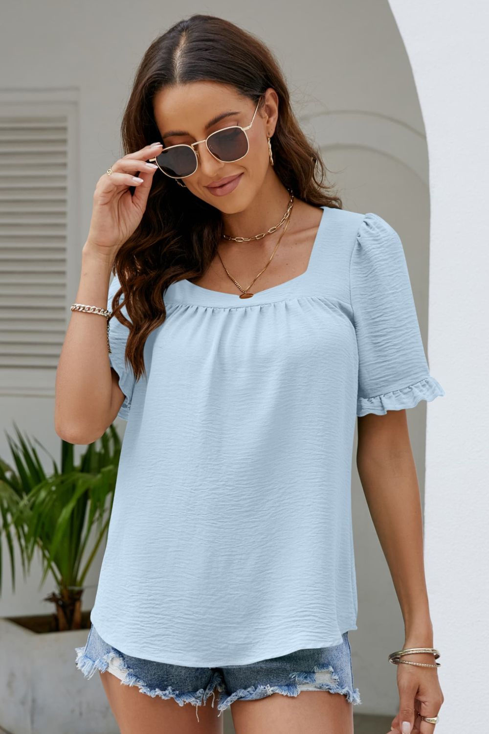 Frill Trim Puff Sleeve Square Neck Blouse