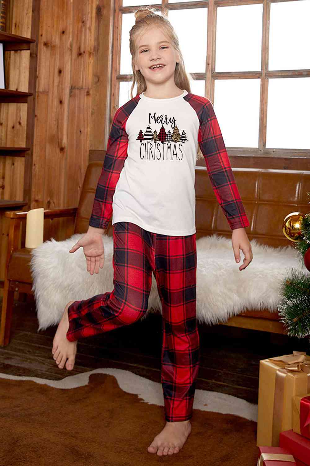 MERRY CHRISTMAS Graphic Top and Plaid Pants Set