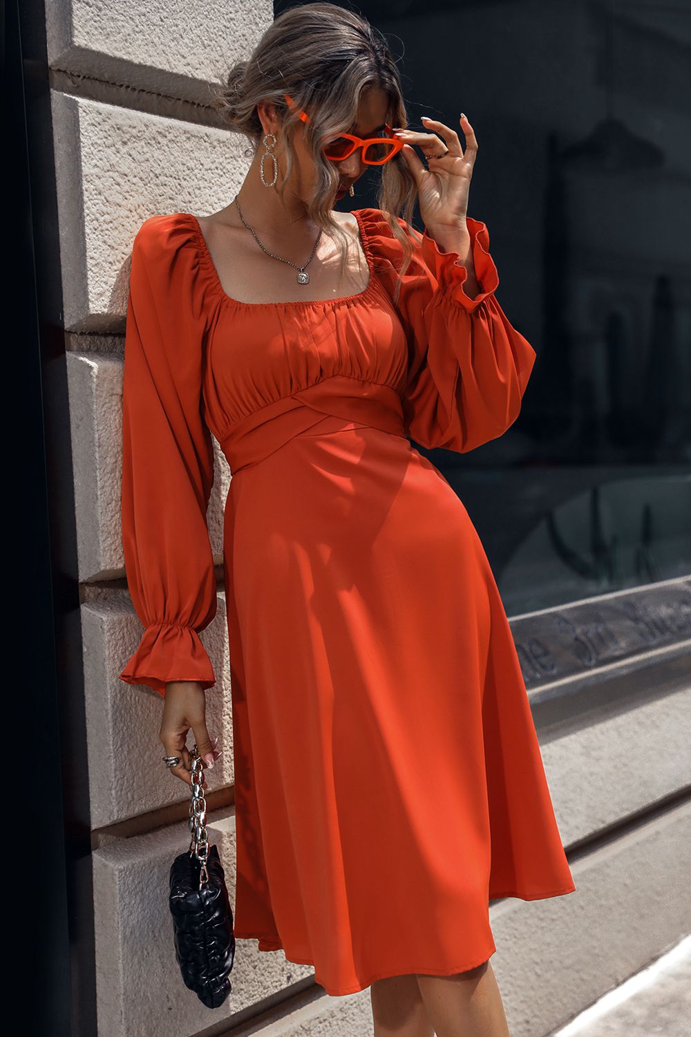 Square Neck Flounce Sleeve Midi Dress