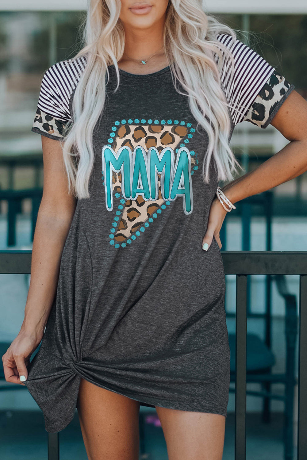 MAMA Leopard Graphic Raglan Sleeve Twisted Dress