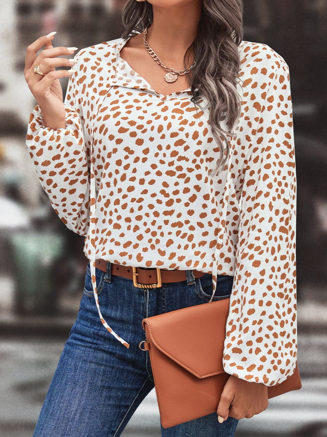 Printed Tie Neck Long Sleeve Blouse