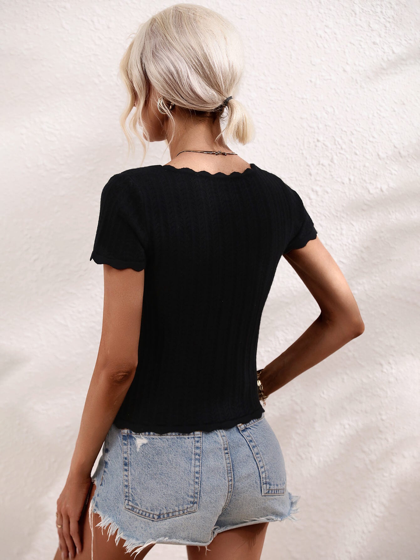 Scalloped Hem Square Neck Knit Top