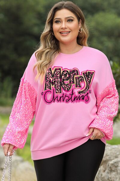 Plus Size MERRY CHRISTMAS Sequin Dropped Shoulder Sweatshirt