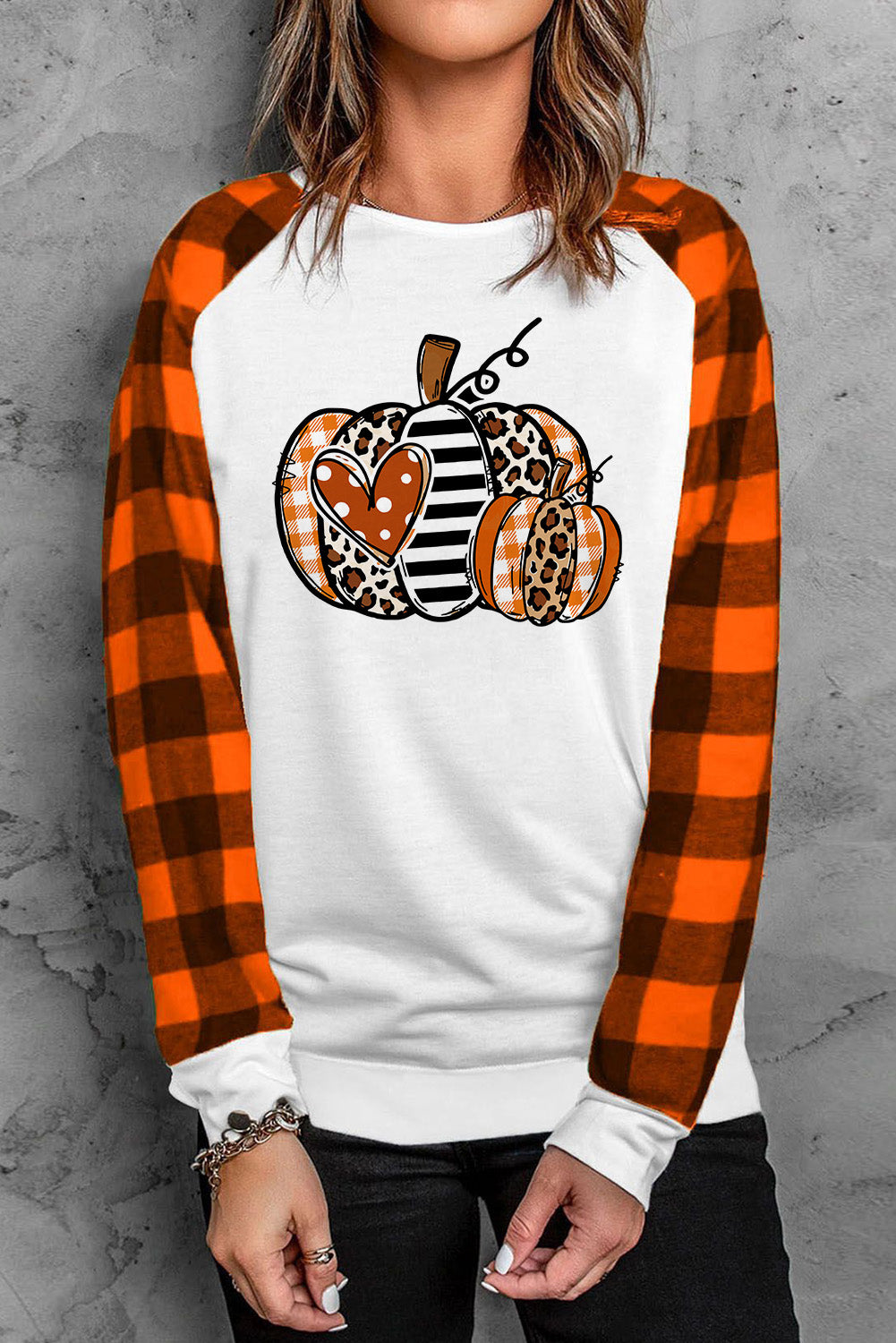 Pumpkin Graphic Round Neck Long Plaid Sleeve Tee