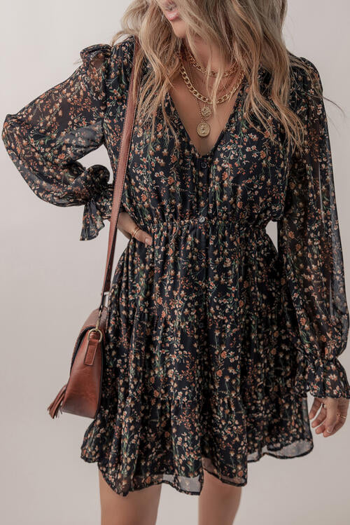 Printed Buttoned V-Neck Flounce Sleeve Dress