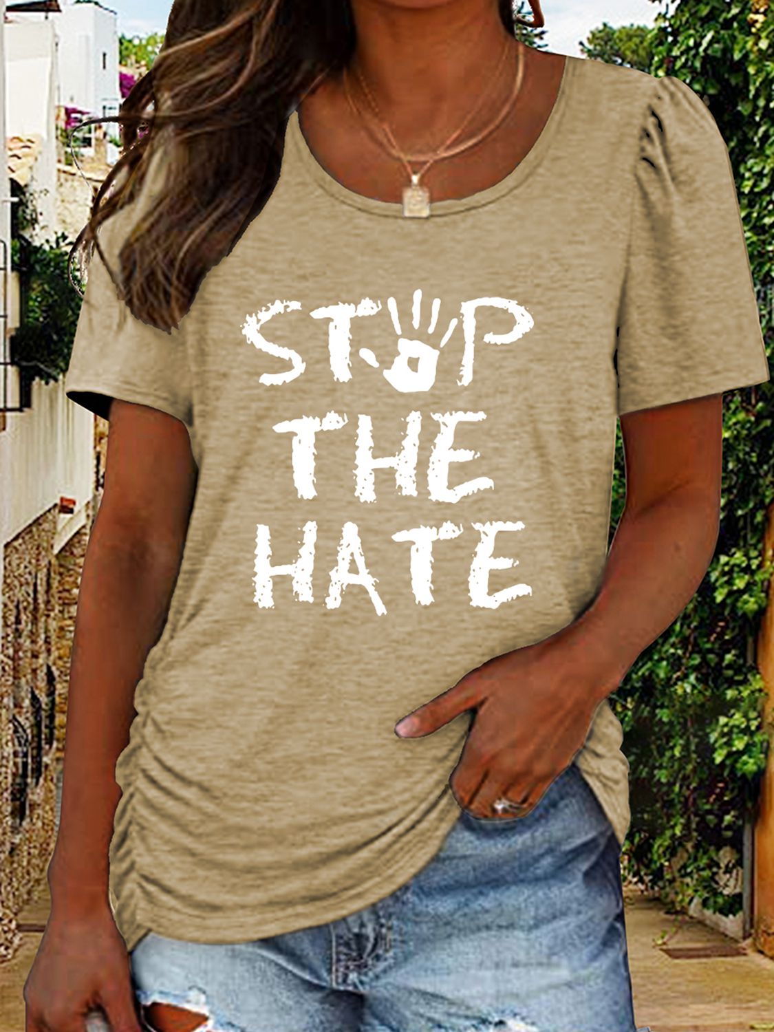 Round Neck Short Sleeve STOP THE HATE Graphic T-Shirt