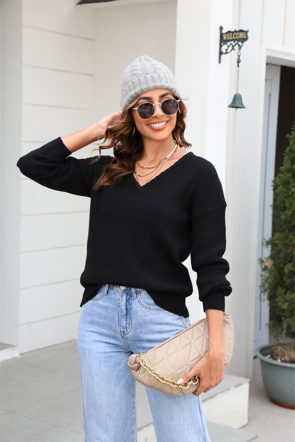 Ribbed V-Neck Dropped Shoulder Knit Top