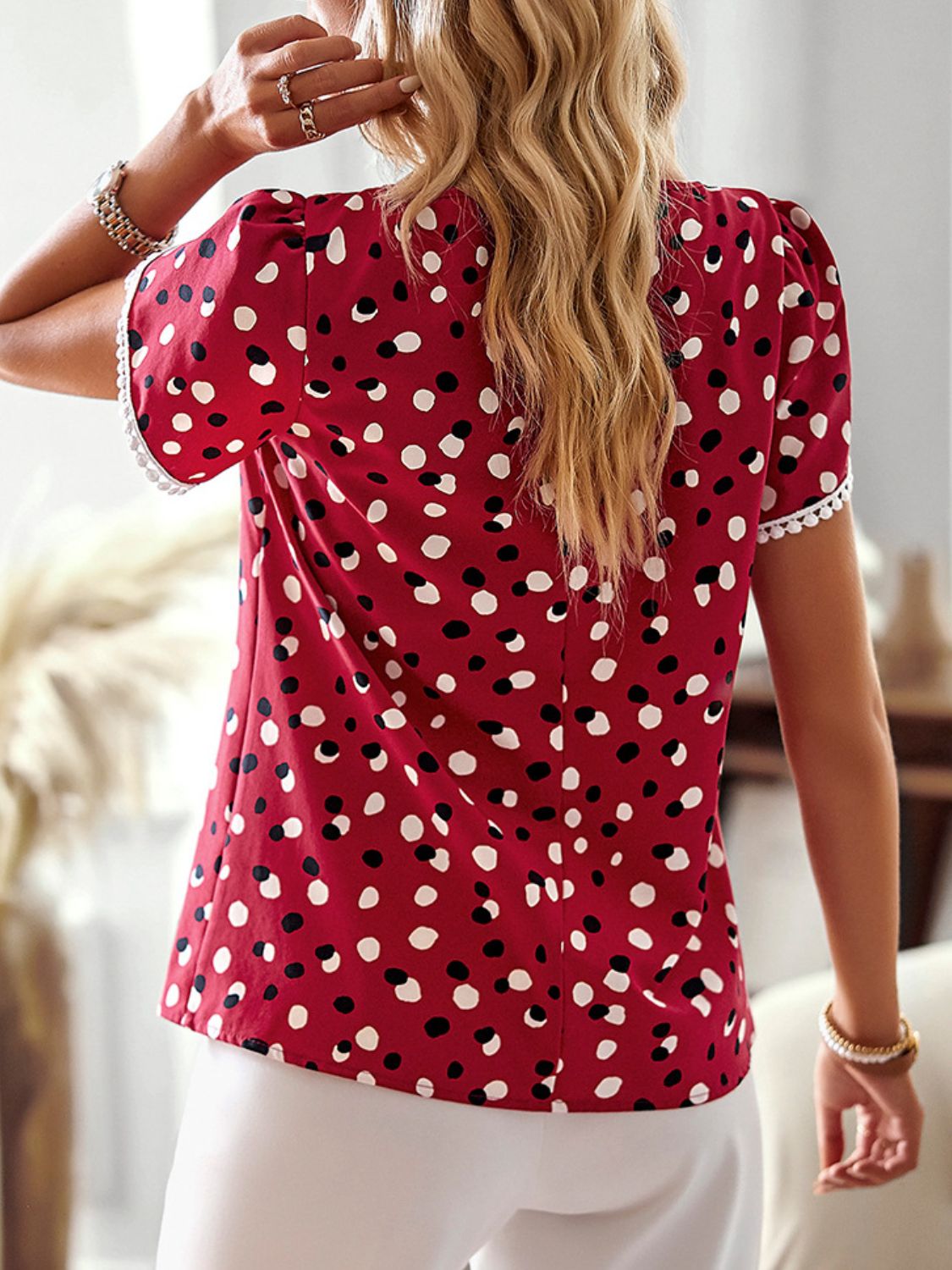 Printed Petal Sleeve Round Neck Blouse