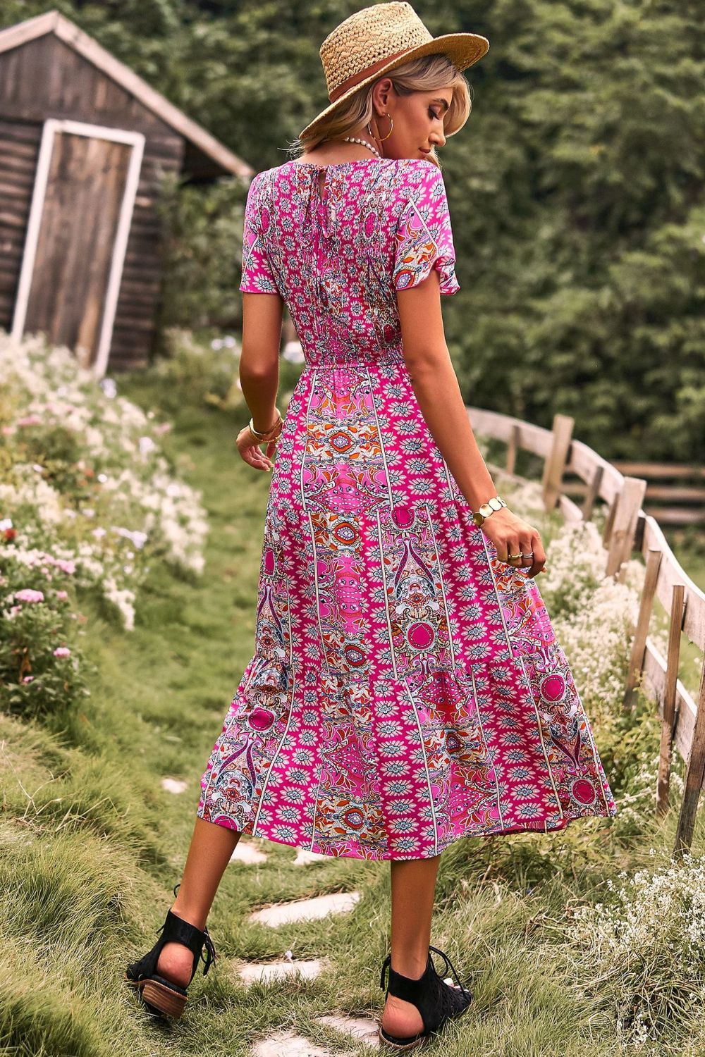 Printed Tie Back Flutter Sleeve Dress