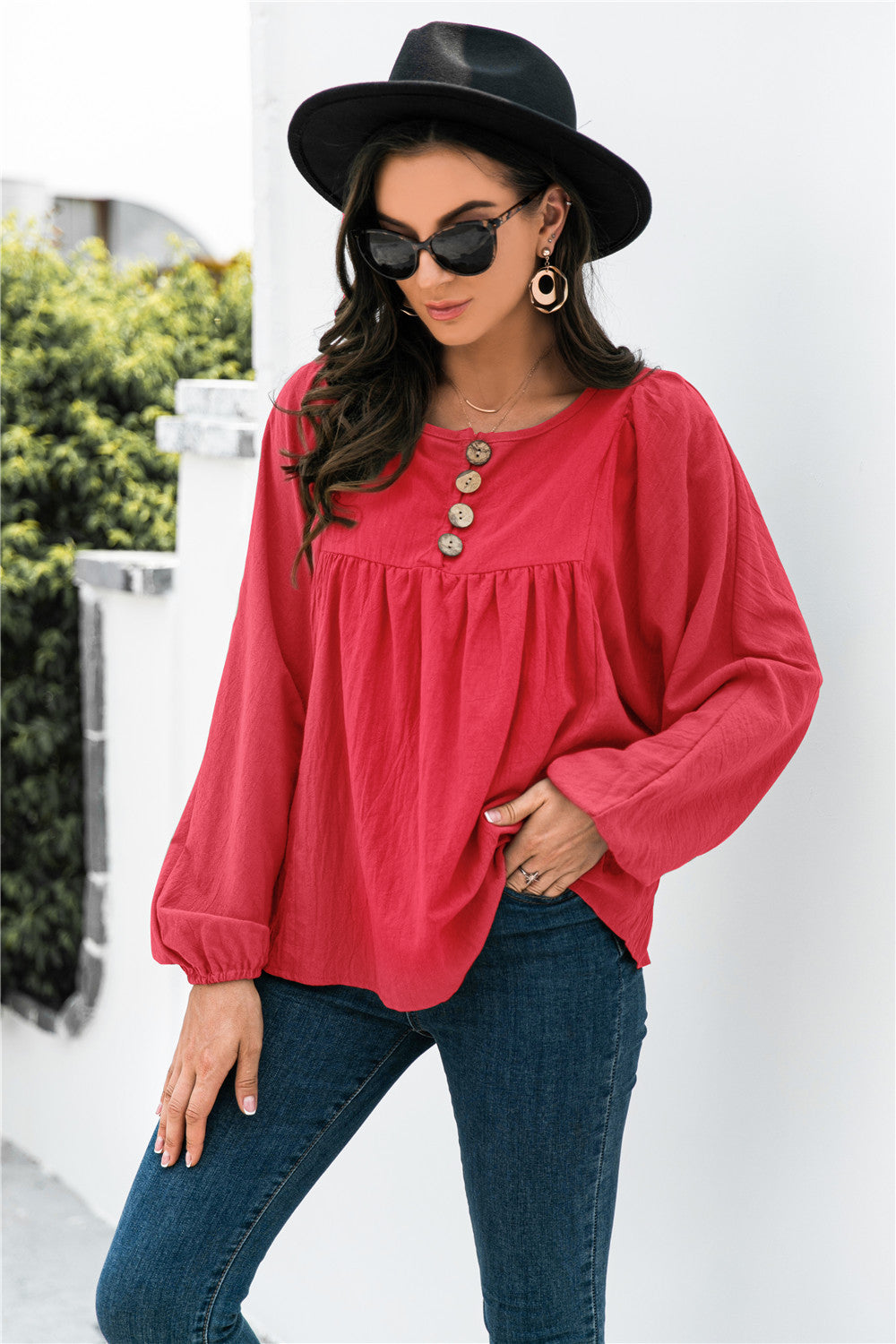 Button Up Balloon Sleeve Blouse