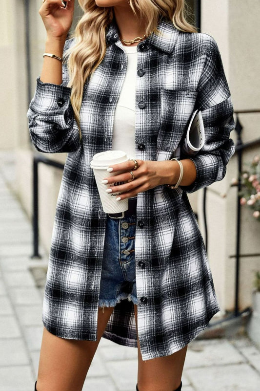 Plaid Curved Hem Longline Shirt Jacket