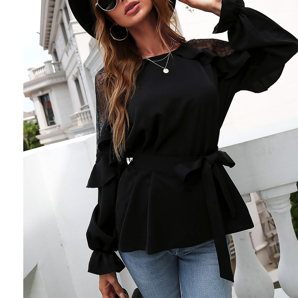 Round Neck Front Tie Flounce Sleeve Lace Cap Blouse