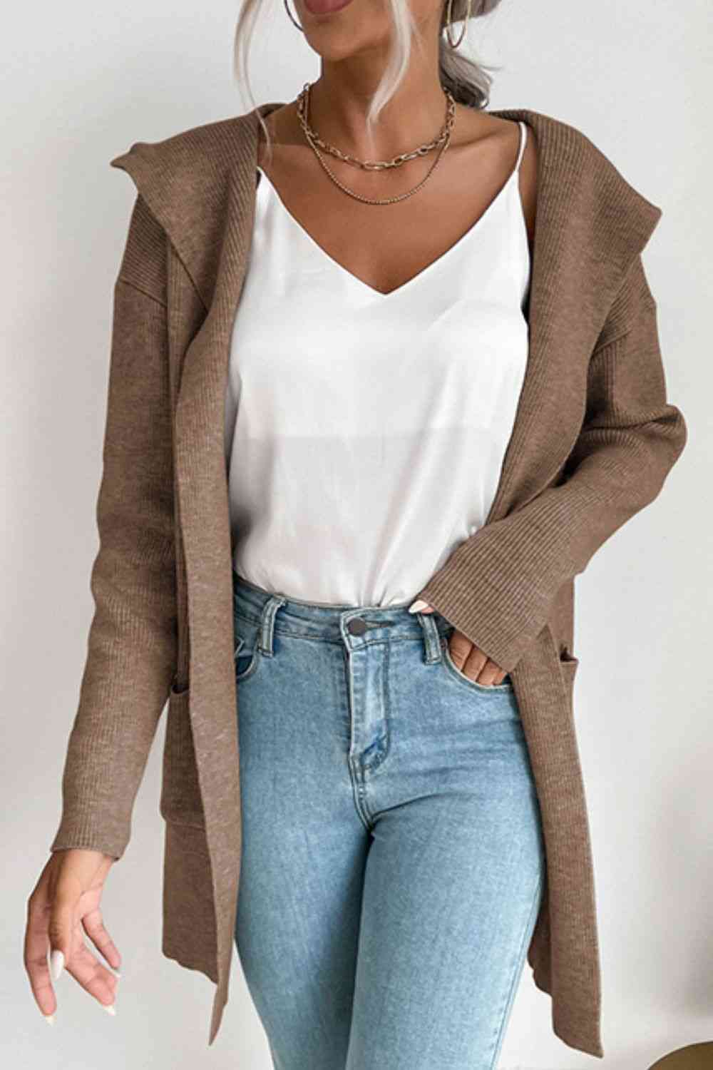 Double Take Ribbed Open Front Hooded Cardigan with Pockets