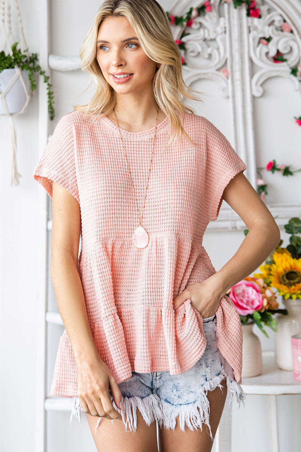 Waffle-Knit Buttoned Ruffle Hem Top