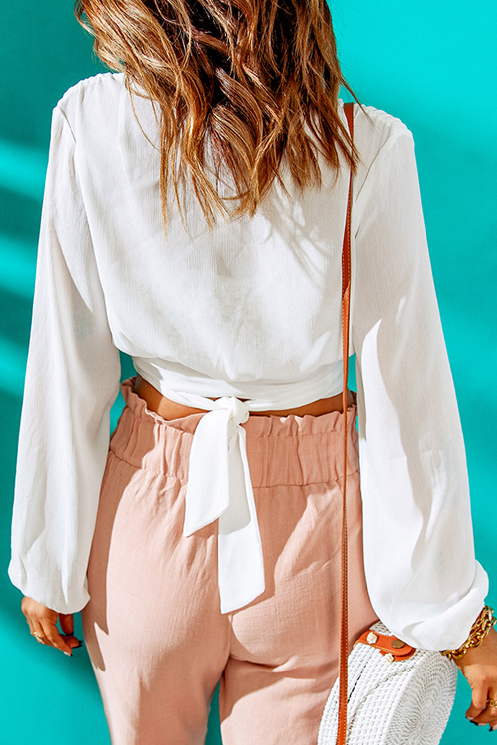 Tied Balloon Sleeve Cropped Blouse