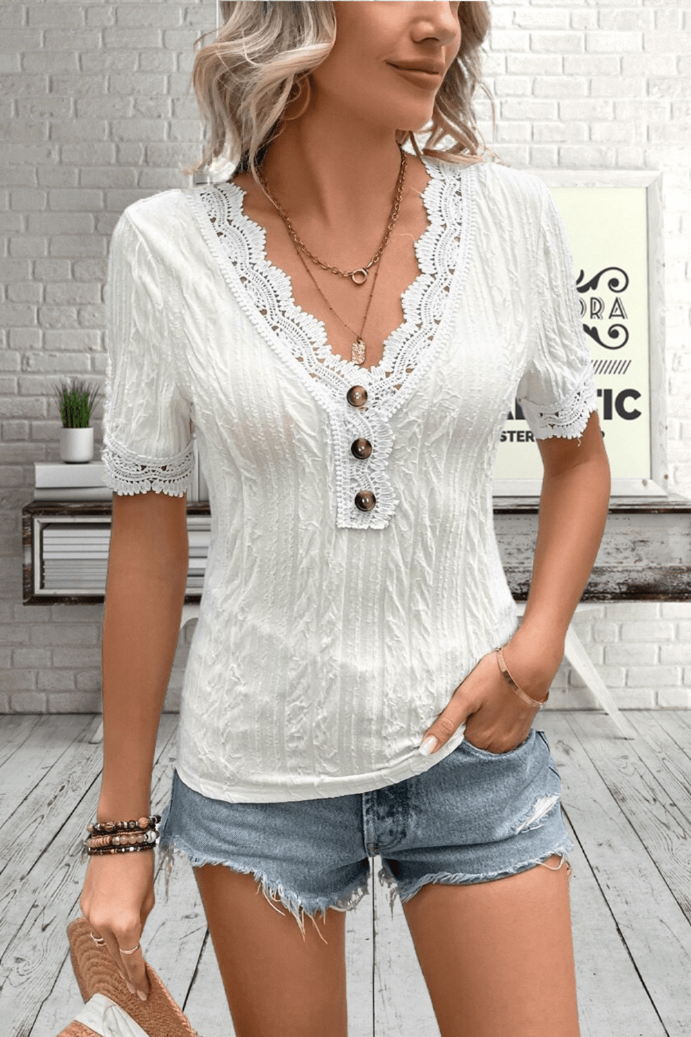 Buttoned V-Neck Lace Trim T-Shirt